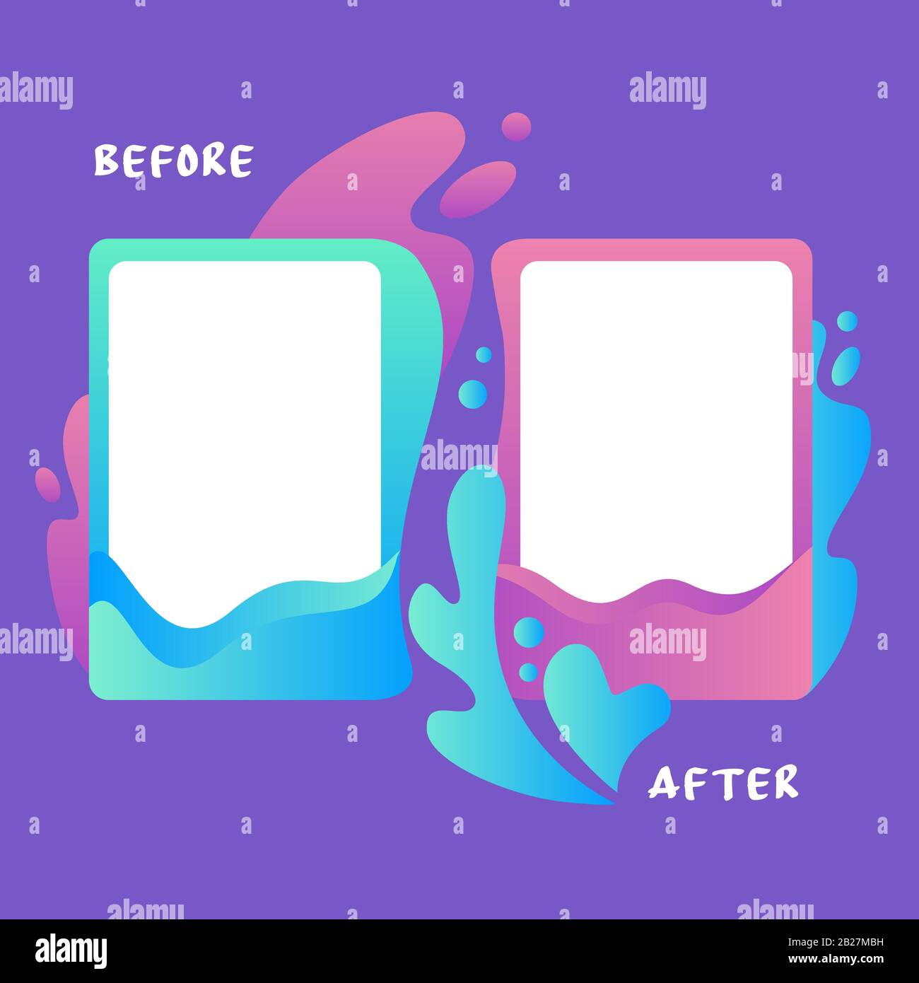 Modello colorato prima e dopo circondato da acqua splash piatto vettore illustrazione Illustrazione Vettoriale