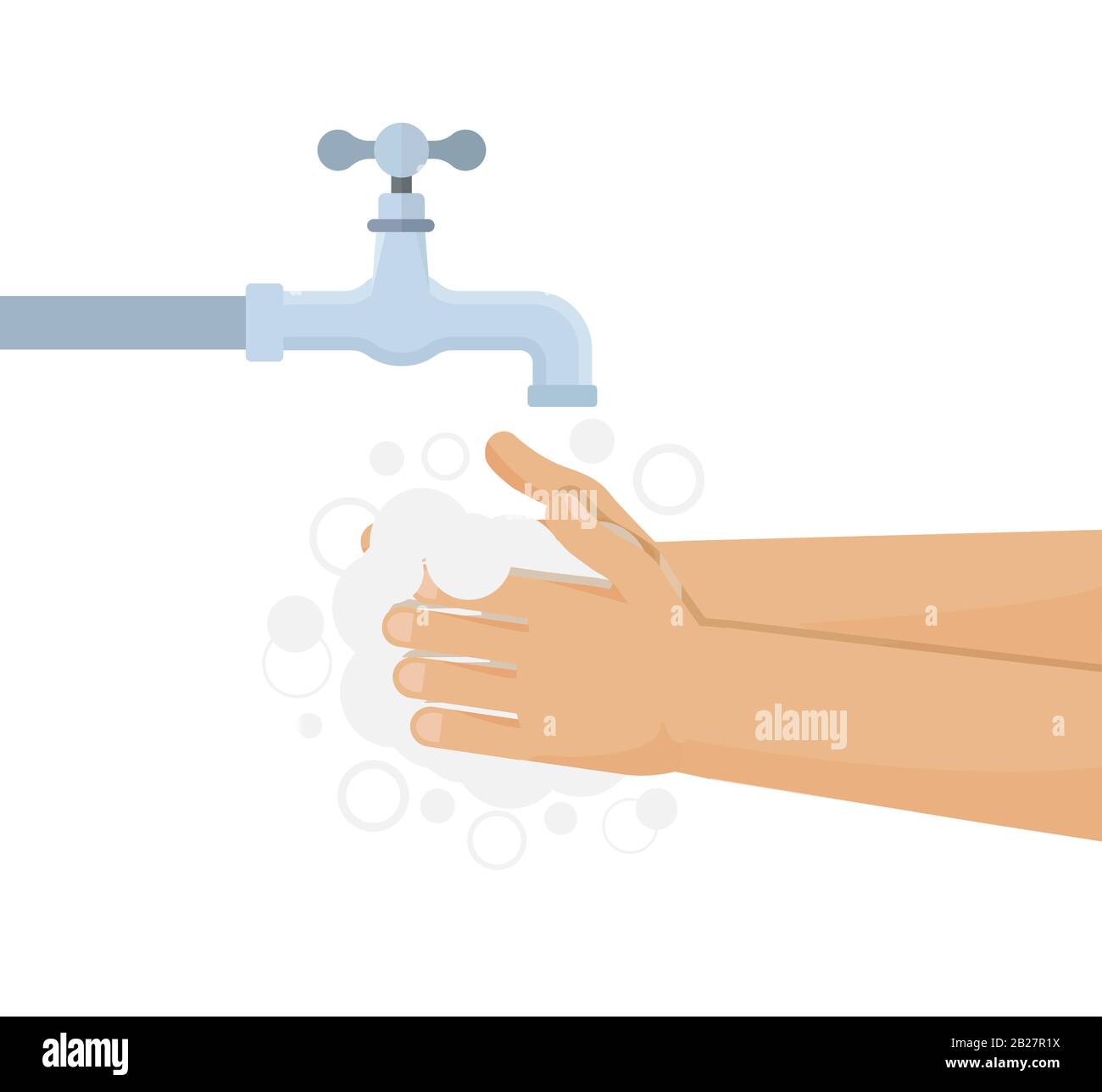 Mani sotto acqua caduta fuori dal rubinetto. L'uomo lava le mani. Stile piatto Illustrazione Vettoriale