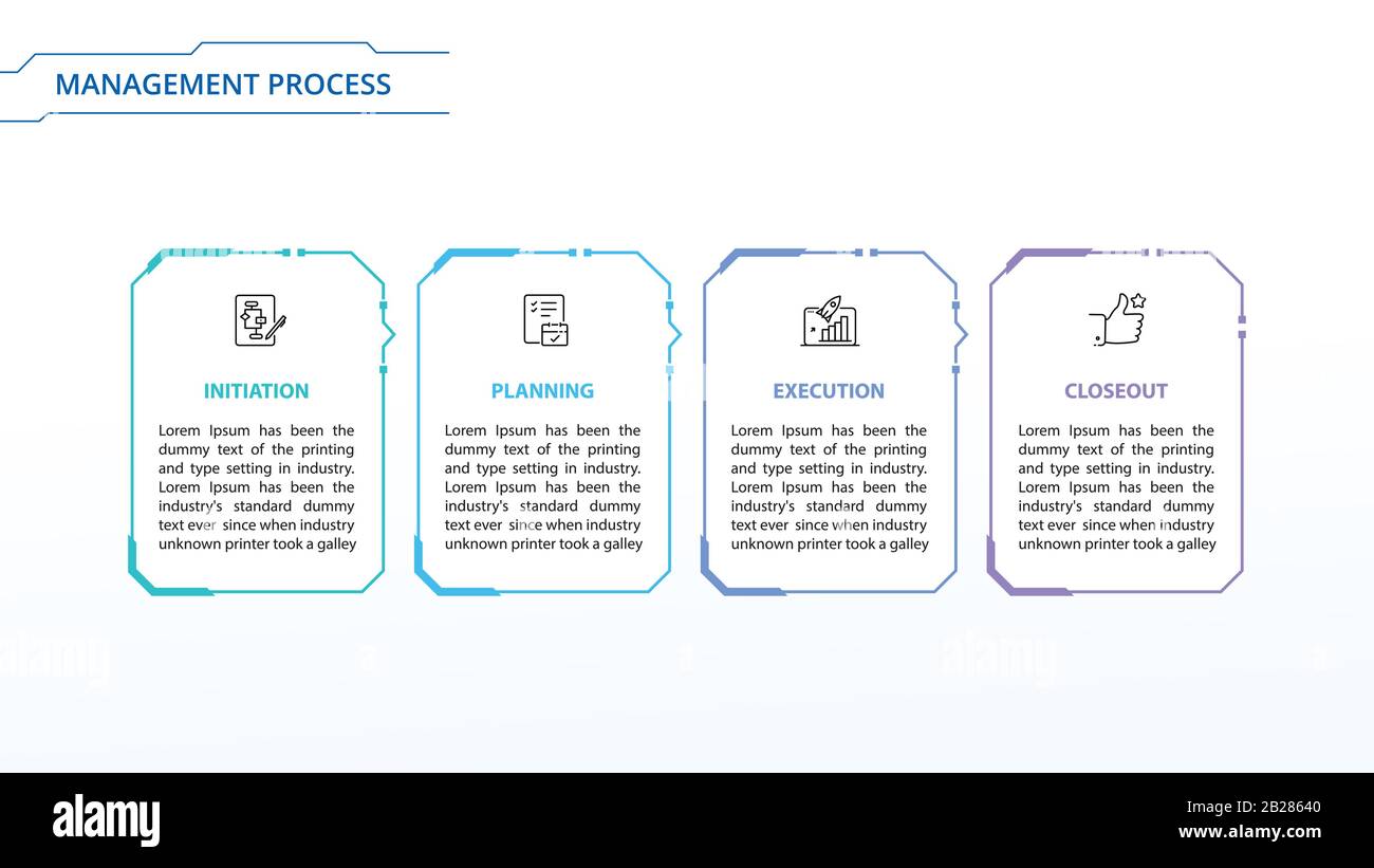 Processo di gestione dei progetti, flusso dei processi, visualizzazione dei dati aziendali, background di gestione, infografica HUD Illustrazione Vettoriale