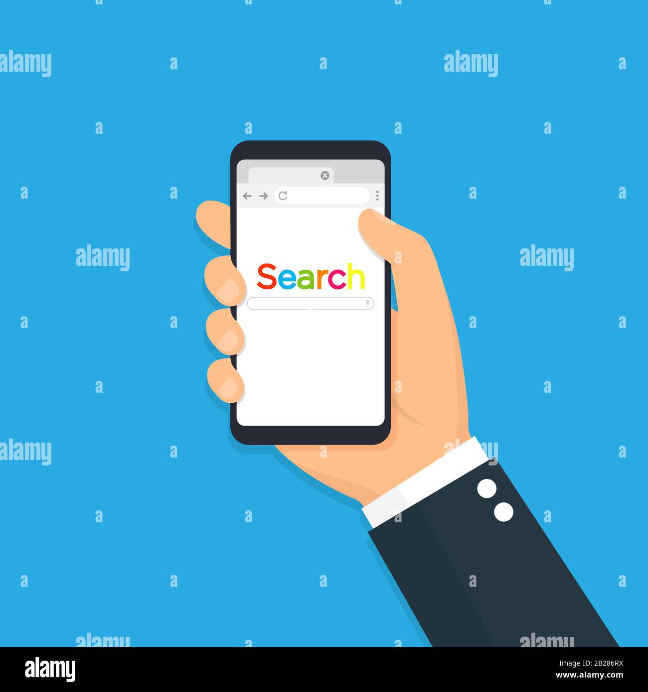 Telefono con con browser aperto. Telefono con browser e barra di ricerca. Icona piatta Illustrazione Vettoriale