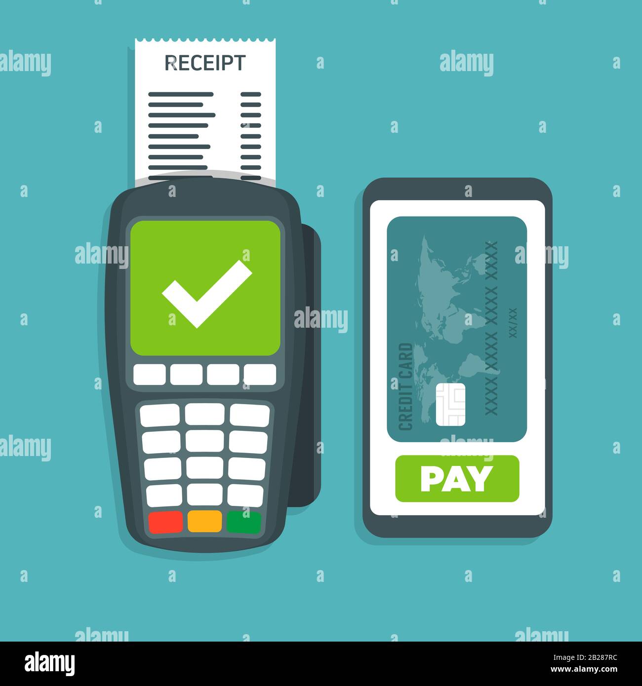 Pos terminal conferma il pagamento tramite smartphone Vector Illustration. Illustrazione Vettoriale