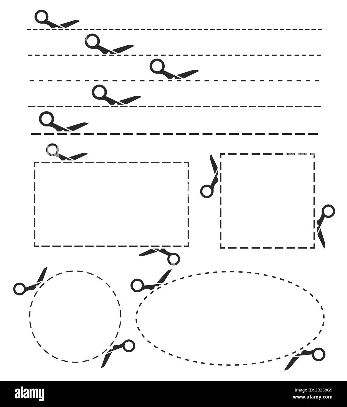 Icona nera a forbice con set di linee di taglio. Illustrazione del vettore Illustrazione Vettoriale