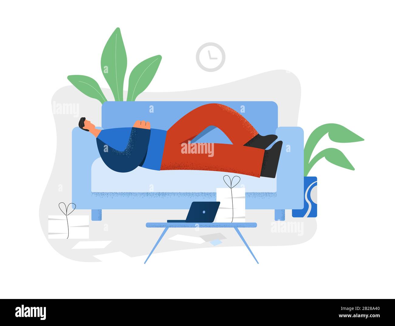 Pigro uomo sdraiato sul divano di fronte al portatile e mucchio di documenti Illustrazione Vettoriale