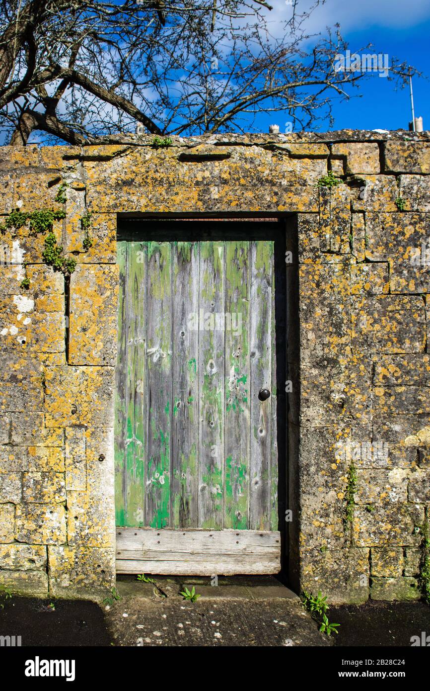 Una vecchia porta di legno in un alto muro da giardino con vernice verde sfaldante invecchiata che rivela i pannelli di legno sottostanti Foto Stock