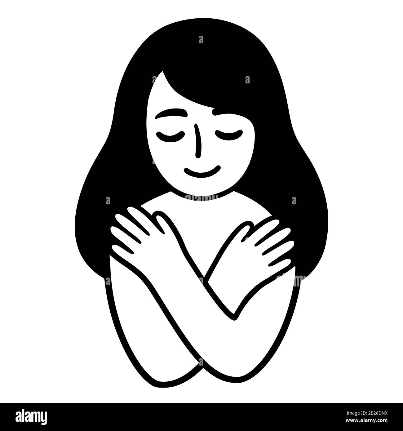 Semplice doodle di cute girl abbracciandosi e sorridendo, le braccia incrociate sul petto. Disegno in bianco e nero di auto-amore, illustrazione vettoriale. Illustrazione Vettoriale