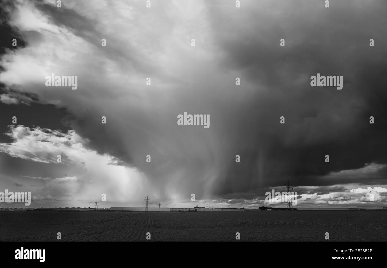 Pioggia drammatica o grandine nube su un campo in Isola di Thanet, Kent in monocromia Foto Stock