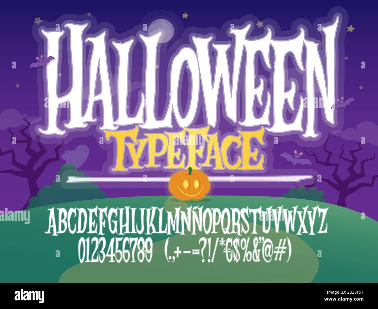 Carattere di Halloween. Illustrazione delle lettere di Spooky. Alfabeto vettoriale con numeri e glifi. Illustrazione Vettoriale