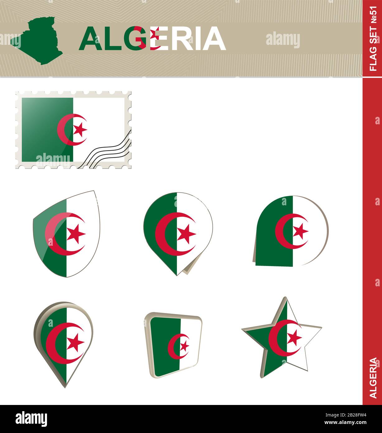 Set Flag Algeria, Set Flag N. 51. Vettore. Illustrazione Vettoriale