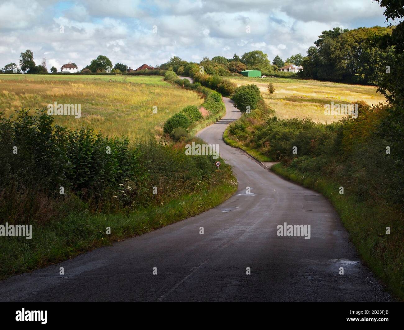 La strada di campagna inglese fiancheggiata da siepi attraverso campi di taglio con edifici agricoli Foto Stock
