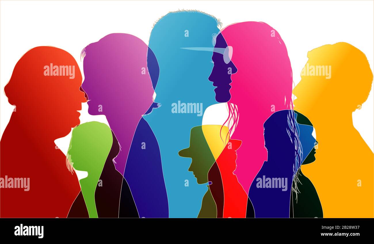 Diversità di dialogo People.Talking crowd.Outline silhouette profiles.Multietnico multiculturale people.Communication.Discussion.Speaking.Sharing idea Foto Stock