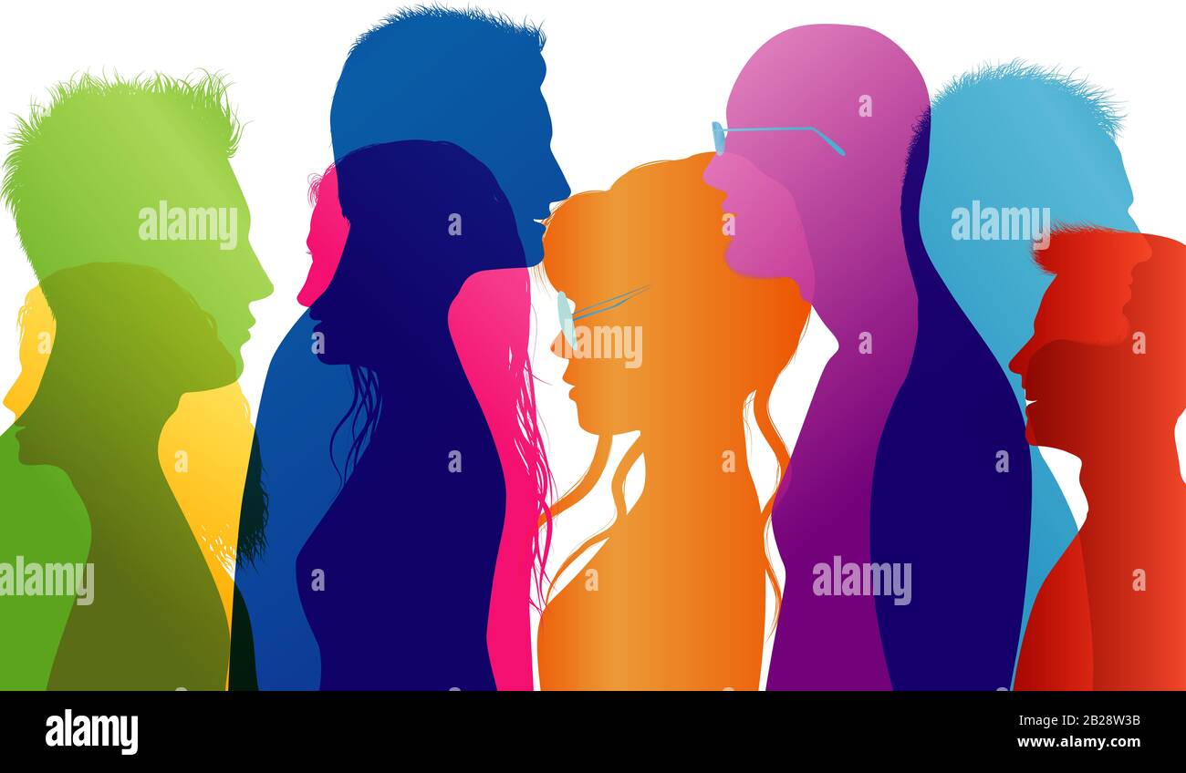 Dialogo tra giovani studenti. I giovani parlano. Silhouette colorata profiles.Communication diversity people.Influencer.Diversificato culture.Community Foto Stock