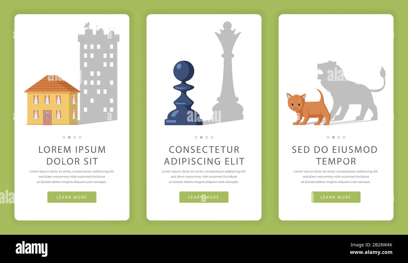 Crescita personale, miglioramento di sé e schermate di app mobili per vettori di coach personali. Pawn cadere ombra di regina, gatto diventare leone e piccola casa diventare grattacielo piatta illustrazioni con testo. Illustrazione Vettoriale