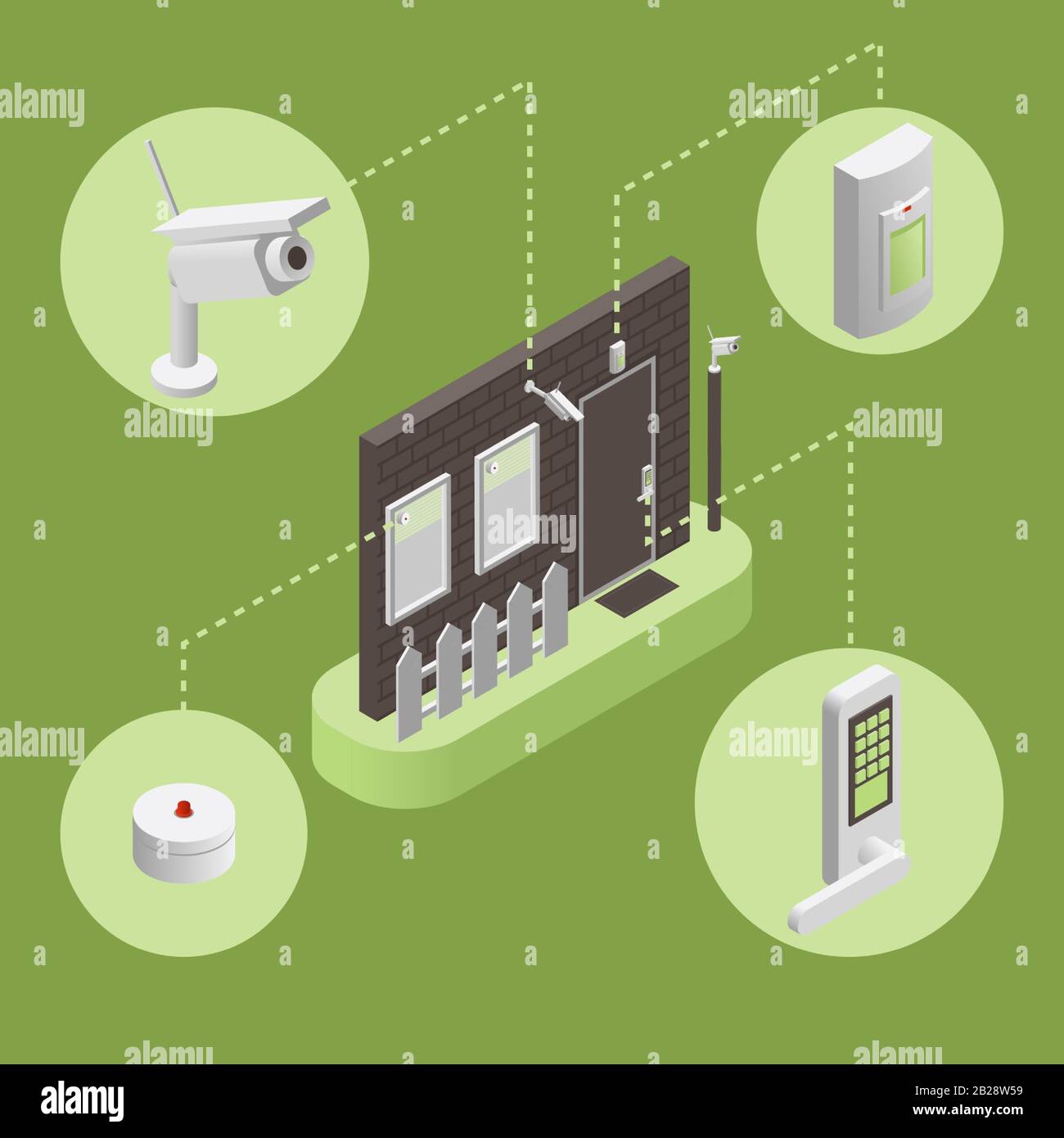 Smart House, sistema di sicurezza intelligente, illustrazione vettoriale infografica. Parete, porta e finestre con telecamere di sorveglianza, sirena di allarme e sistema di segnalazione in stile isometrico. Concetto di sistema di sicurezza. Illustrazione Vettoriale