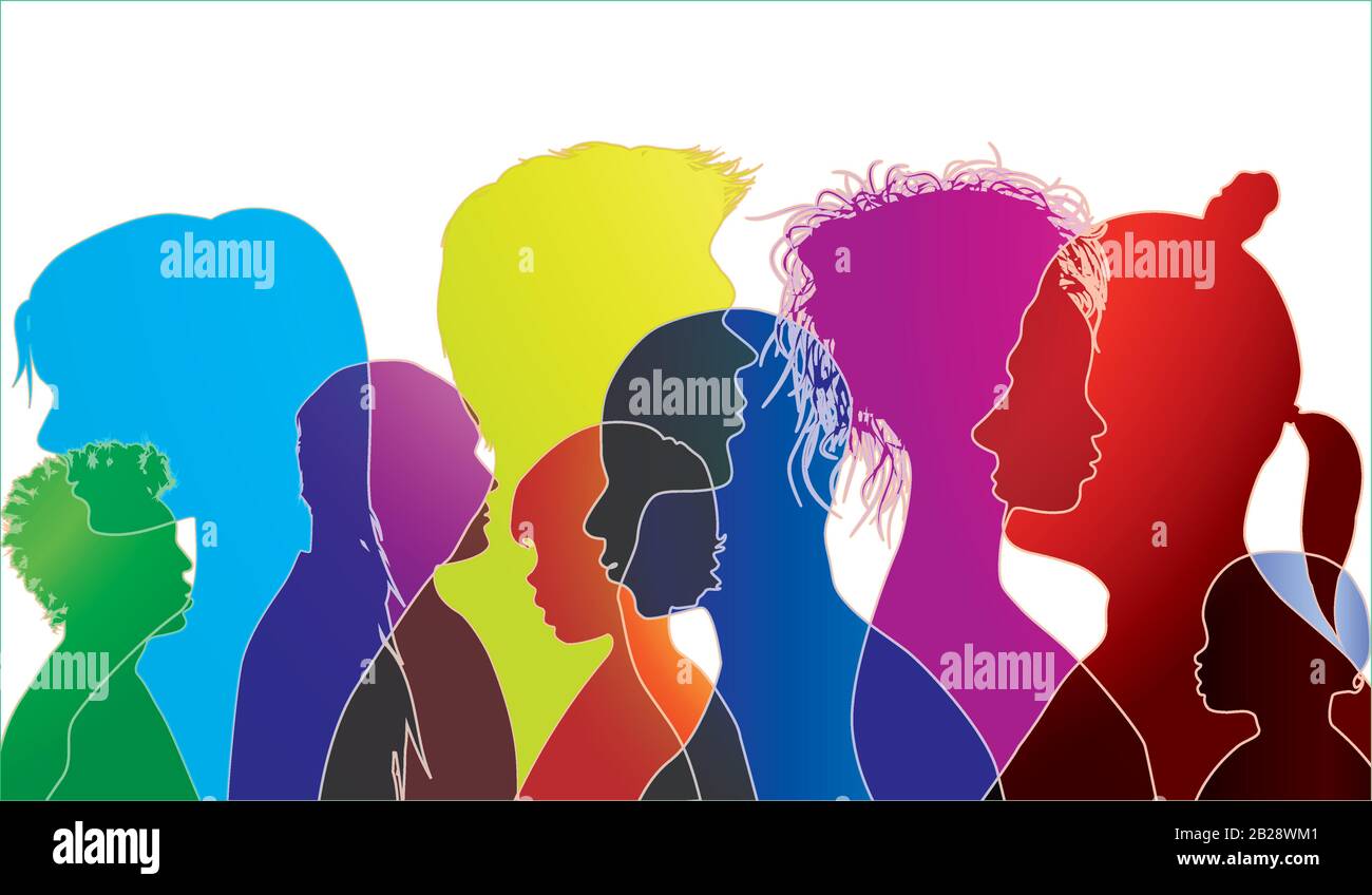 Silhouette multirazzial persone di età diversa.Gruppo di persone diverse nazionalities.Diversity persone. Voce parlante di folla. Dialog.Communication Illustrazione Vettoriale