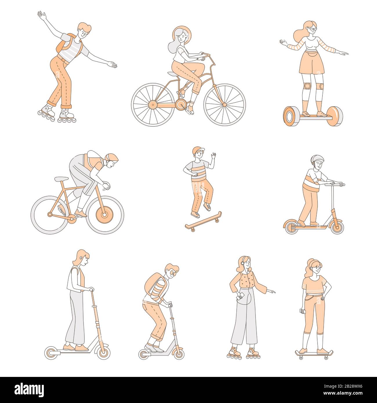 Felice sorridente ragazzi e ragazze cavalcando su moderno trasporto personale vettore cartone animato illustrazione. Persone con pattini a rotelle, biciclette, scooter autoequilibranti, skateboard e scooter concetto di profilo. Illustrazione Vettoriale