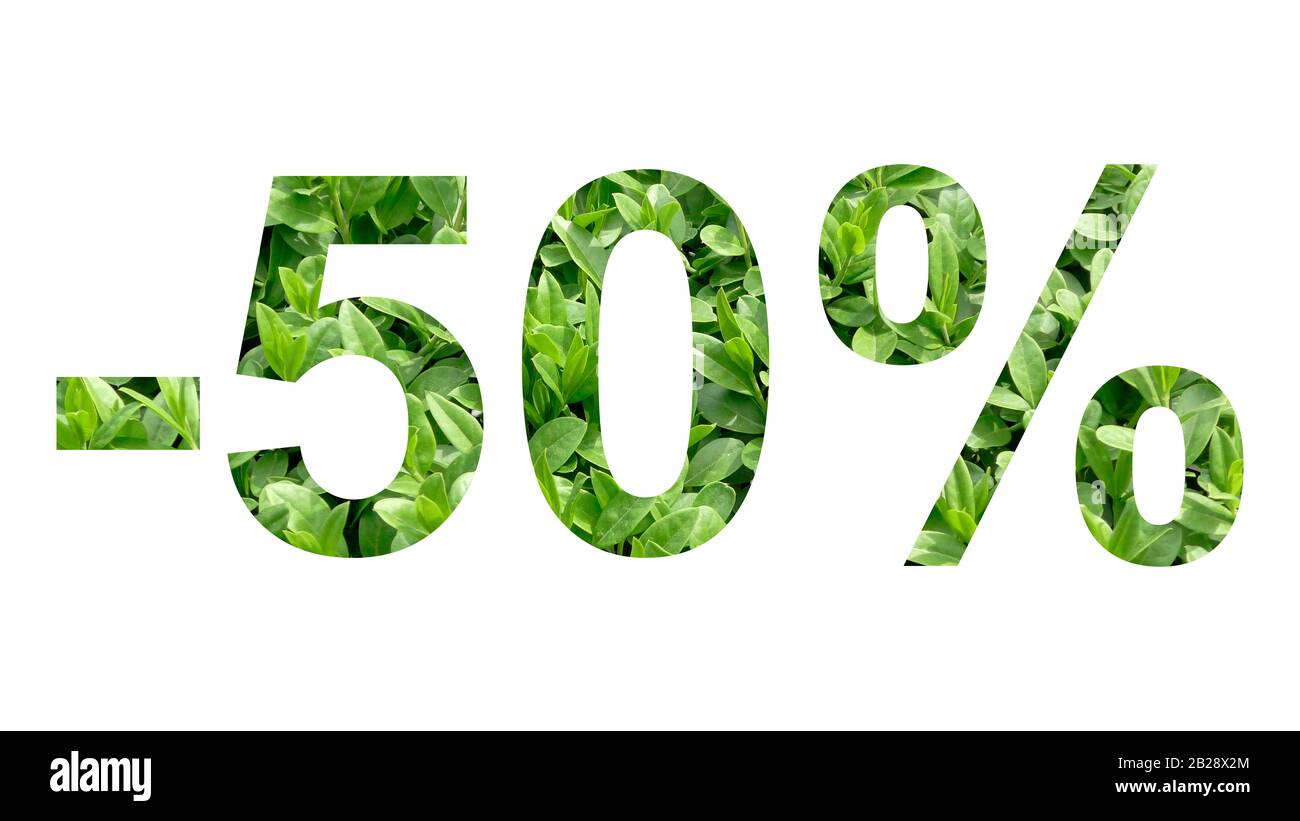 50% di sconto promozione vendita brillante poster, banner, annunci. Poster luminoso, banner, pubblicità. Carta preziosa tagliata da vero verde succoso primavera g. Foto Stock