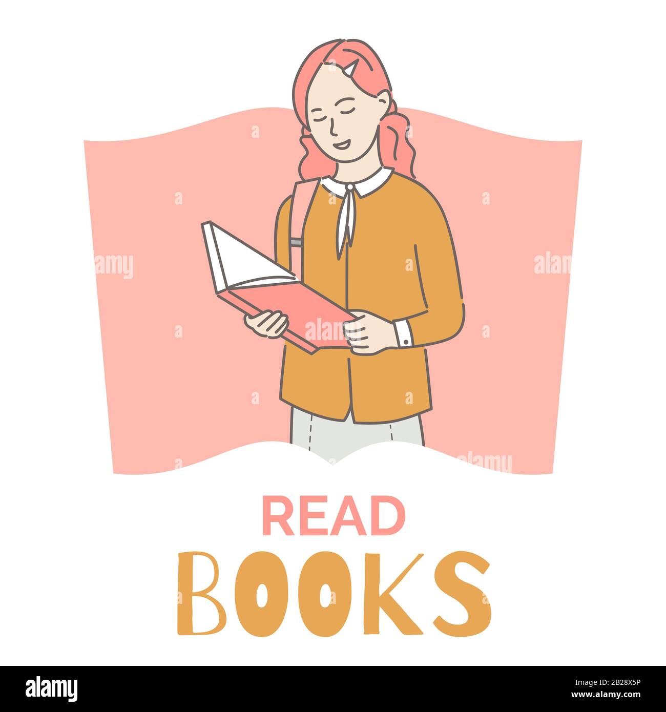 Leggi il modello di disegno di banner di libri con lo spazio di testo. Ragazza in abiti casual lettura carta rosa libro vettore cartone disegno contorno. Intelligente, concetto intellettuale vettore hobby. Illustrazione Vettoriale