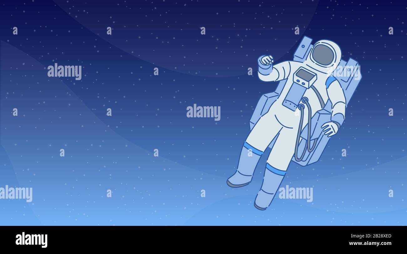 Cosmonaut in una tuta spaziale con attrezzature spaziali che camminano tra stelle e pianeti in spazi aperti. Astronauta vettore immagine cartoon. Disegno di bandiera di scienza cosmica. Illustrazione Vettoriale