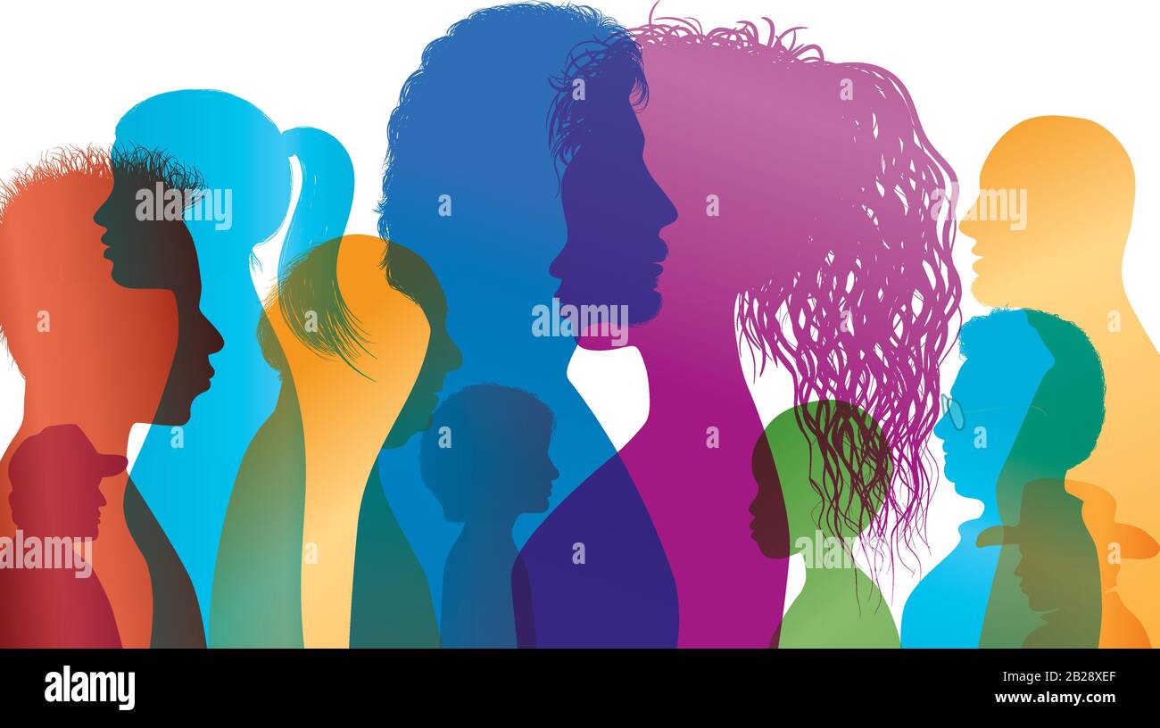 Profili di silhouette di persone multirazziali. InterContinental Dialog.Gruppo di persone di età e nazionalità diverse.persone diversità Illustrazione Vettoriale
