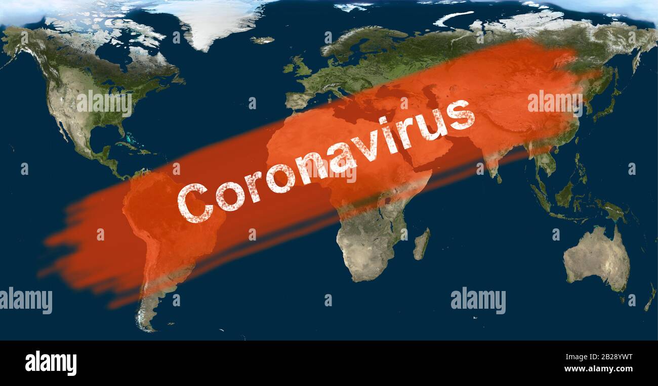 Epidemia di COVID-19, parola Coronavirus sulla mappa globale. Nuova epidemia di coronavirus in Cina. La diffusione del virus corona nel mondo. Infezione da coronavirus con Foto Stock