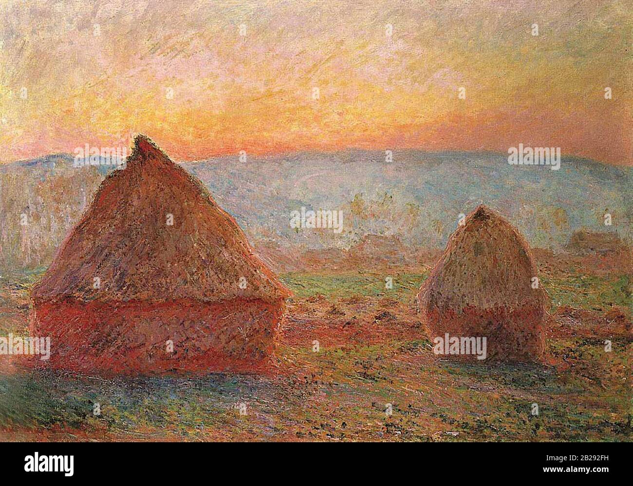 Grainstacks a Giverny, Sunset (circa 1887) Pittura di Claude Monet - altissima risoluzione e qualità dell'immagine Foto Stock