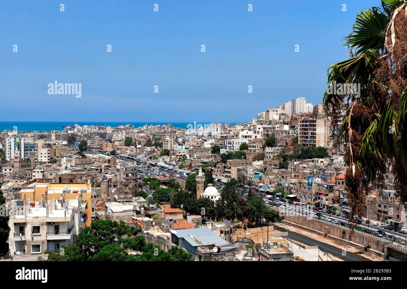 Vista dello skyline di Tripoli (Trablous), Libano in una giornata di sole. Architettura islamica, mamluk, turca, francese e moderna. Medio Oriente, colore Foto Stock