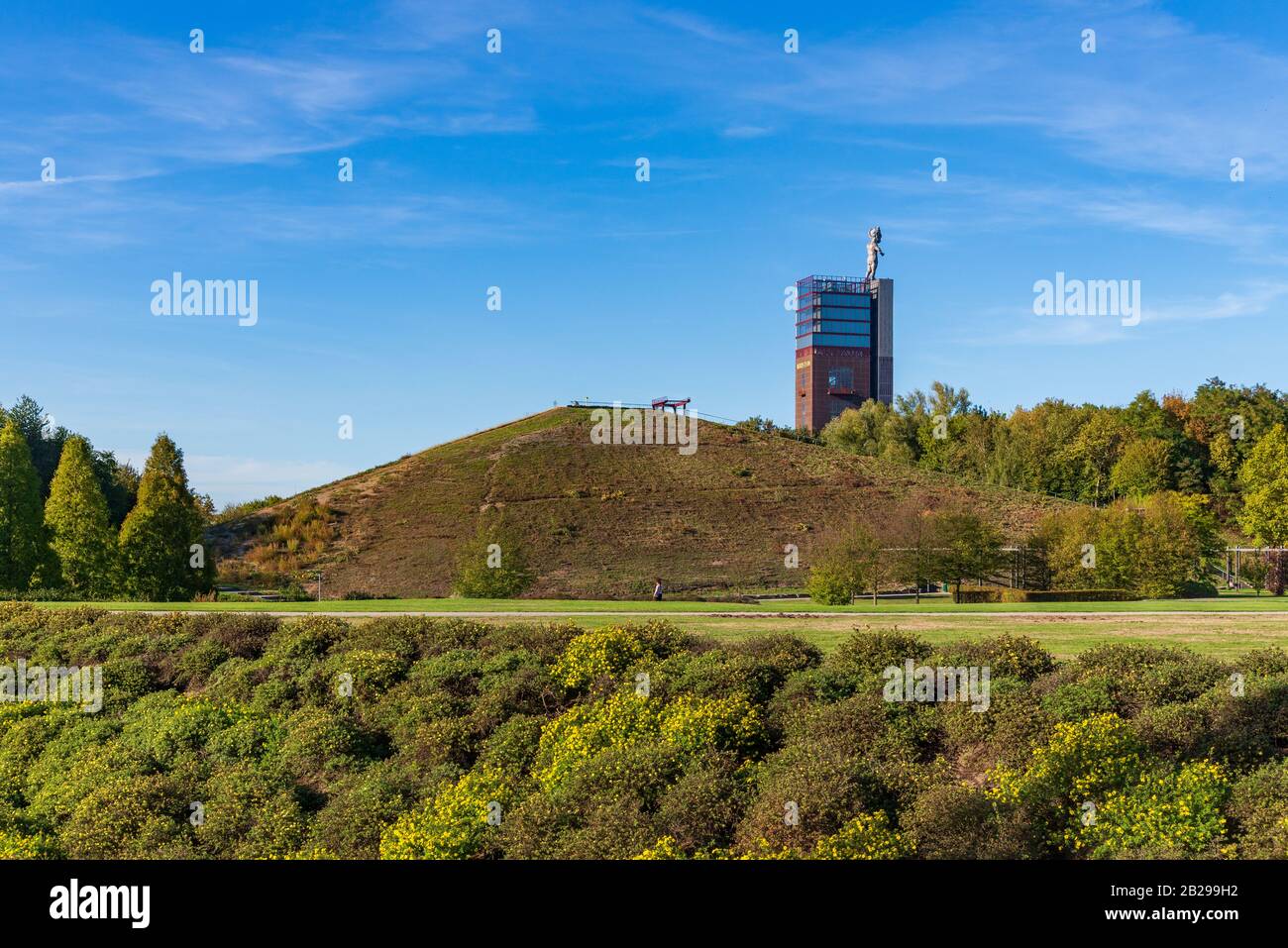 Scenario del parco Nordstern, ex miniera di carbone, consisteva di vari alberi, piccola collina e sfondo di Nordsternturm e Zeche Nordstern. Foto Stock