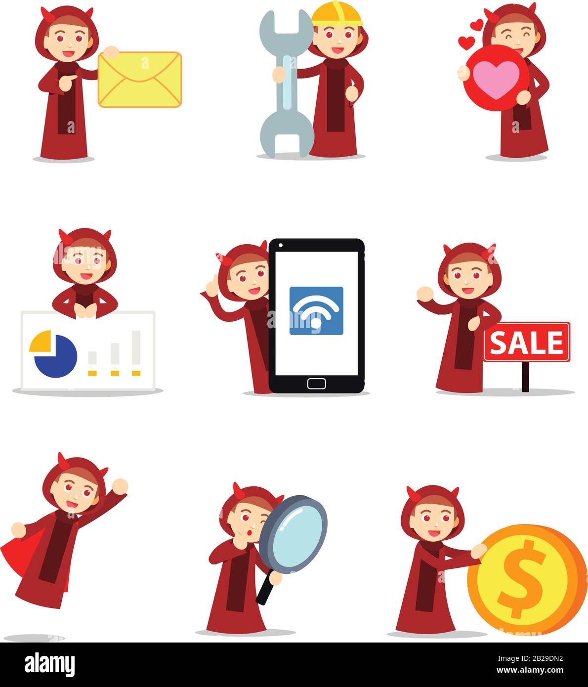 Set personaggio di satanico con occhi rossi spaventosi. Illustrazione Vettoriale