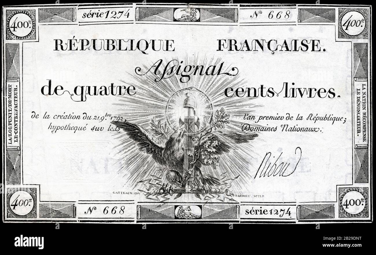 Emissione di banconote francesi durante la Rivoluzione Francese (Assignat) per 400 livres, (1792) Foto Stock