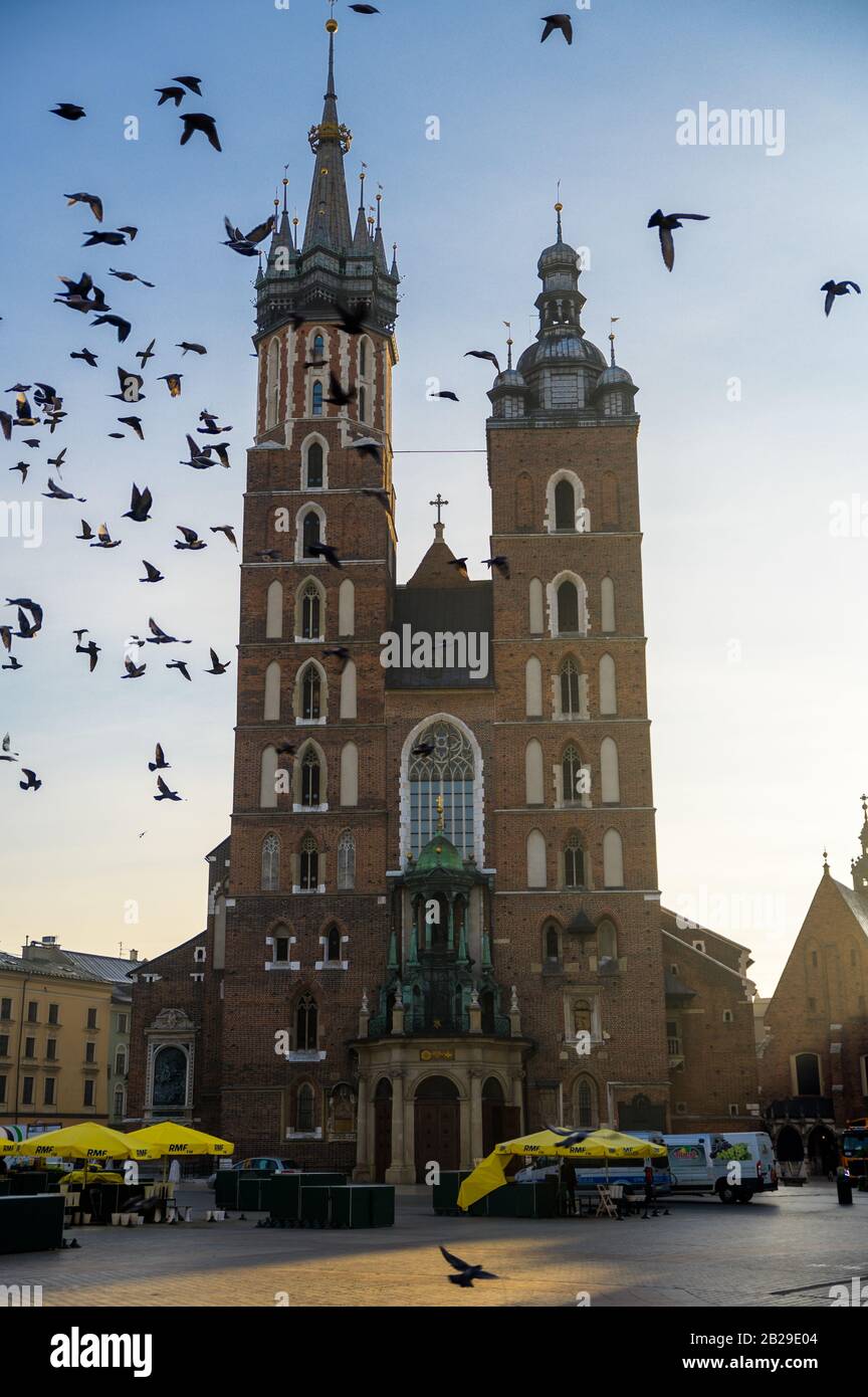 Cracovia, Polonia. 9 ottobre 2019 vista della torre del municipio mentre gli uccelli passano Foto Stock