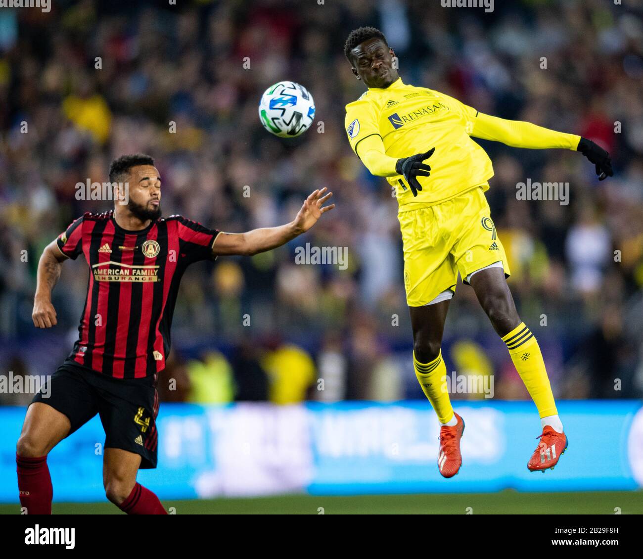 Nashville SC Dominique Badji (9) durante la partita di calcio MLS tra Atlanta United e Nashville SC al Nissan Stadium sabato 29 febbraio 2020 a Nashville, TN. Jacob Kupferman/CSM Foto Stock