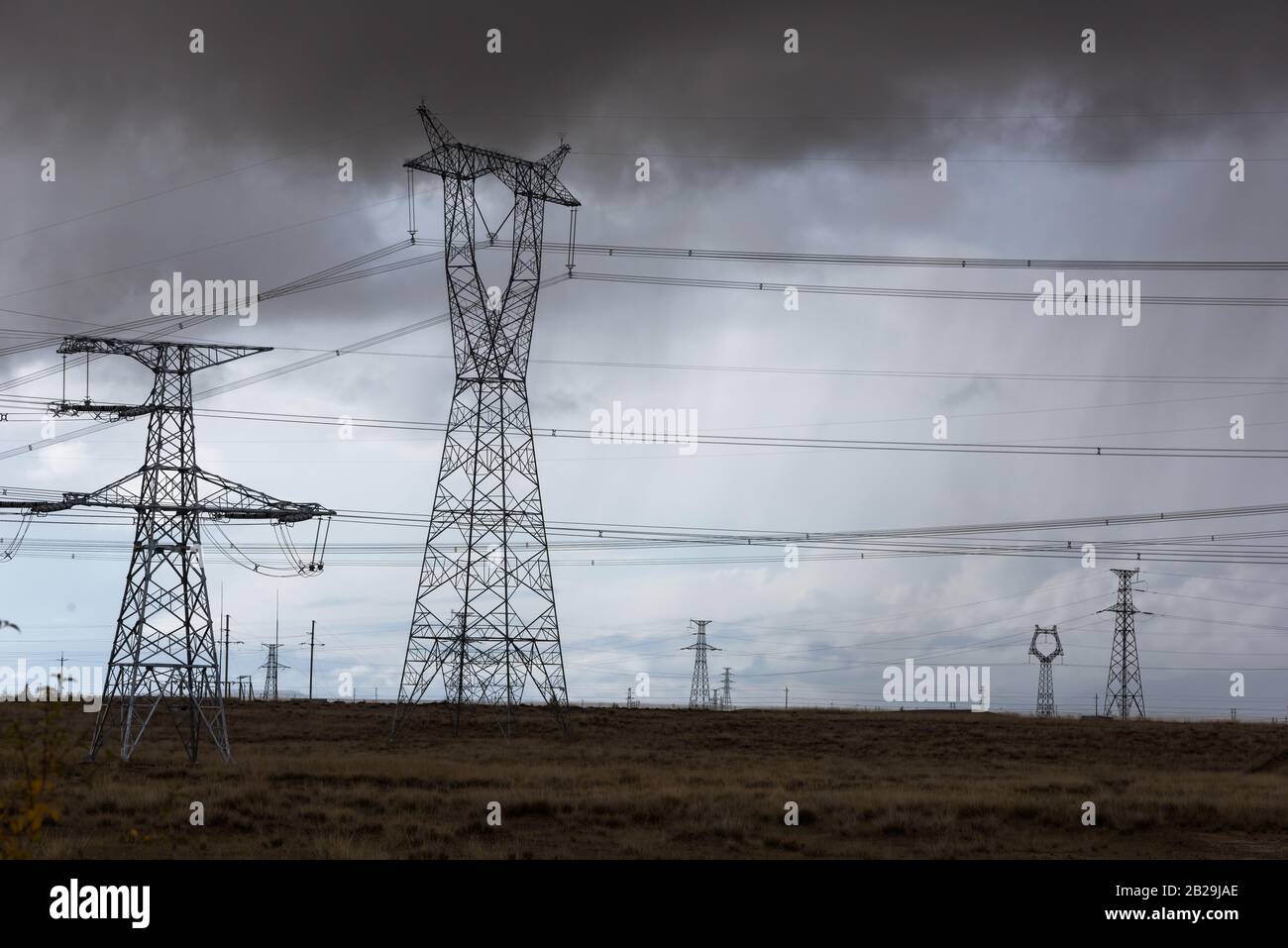 Piloni ad alta tensione su terreni erbosi asciutti Foto Stock