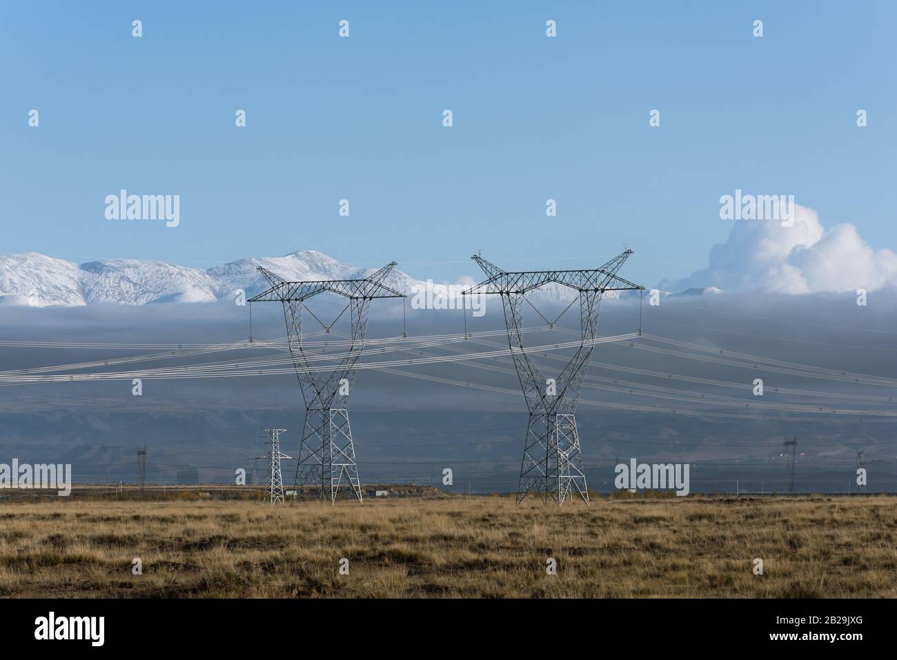 Piloni ad alta tensione su terreni erbosi asciutti Foto Stock
