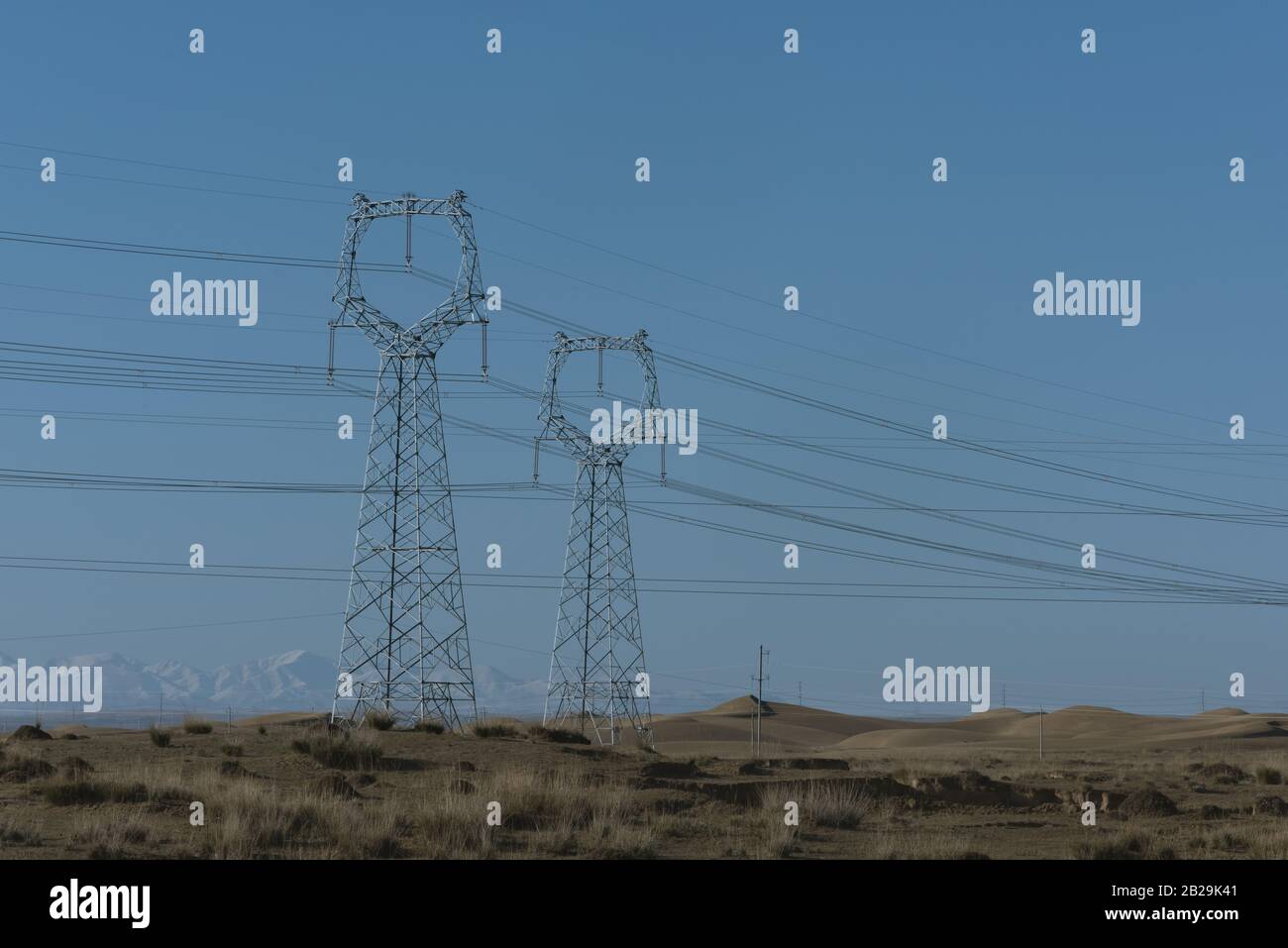 Piloni ad alta tensione su terreni erbosi asciutti Foto Stock