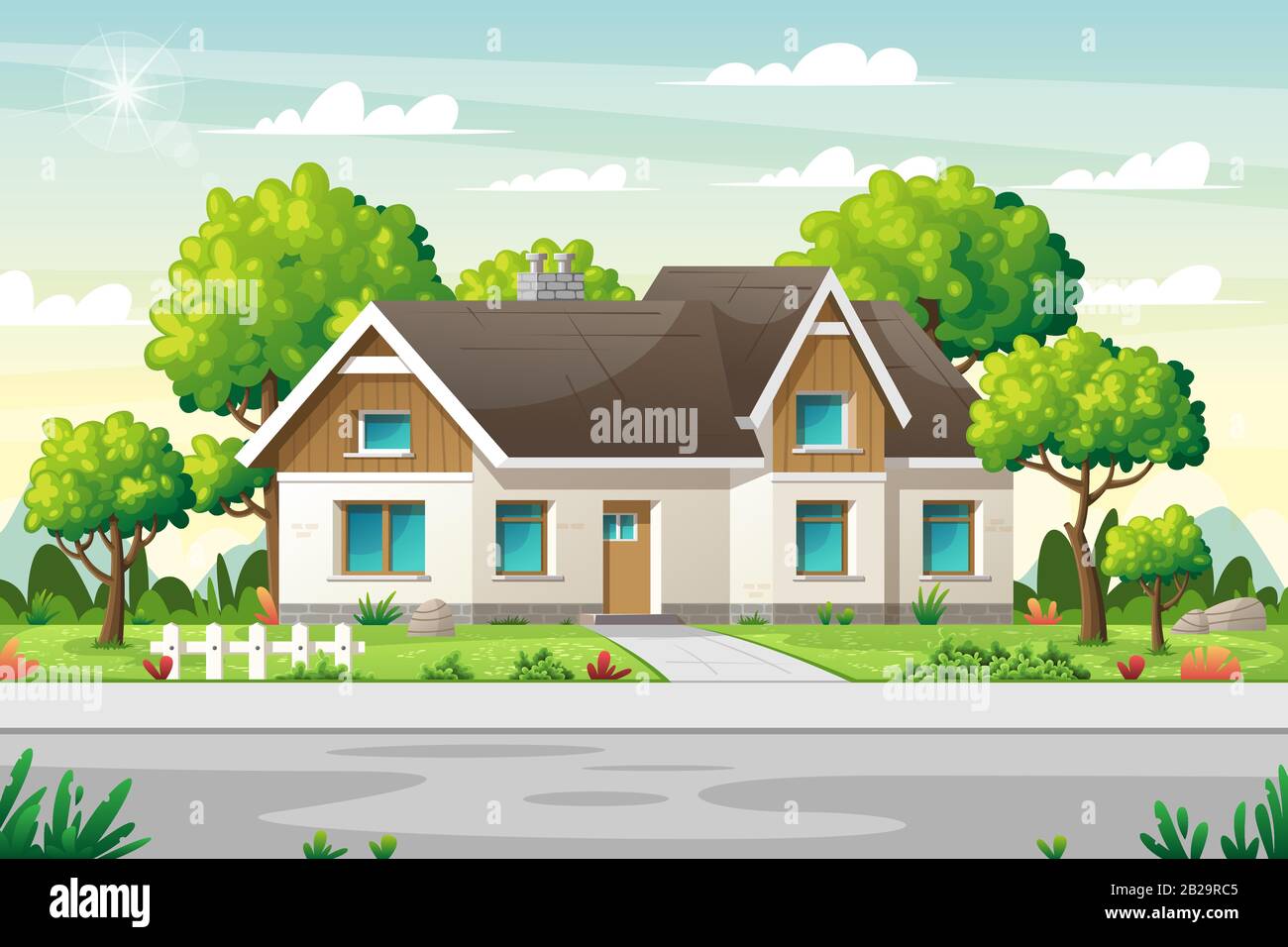 Casa di campagna con ampio giardino su una strada in estate. Concetto per immobili, architettura, pubblicità, sfondi web. Illustrazioni vettoriali con livelli separati. Illustrazione Vettoriale