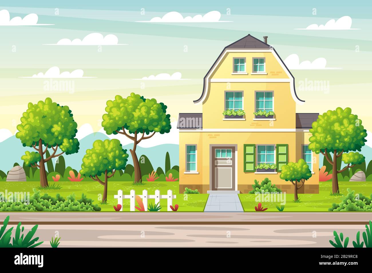 Casa di campagna con ampio giardino su una strada in estate. Concetto per immobili, architettura, pubblicità, sfondi web. Illustrazioni vettoriali con livelli separati. Illustrazione Vettoriale