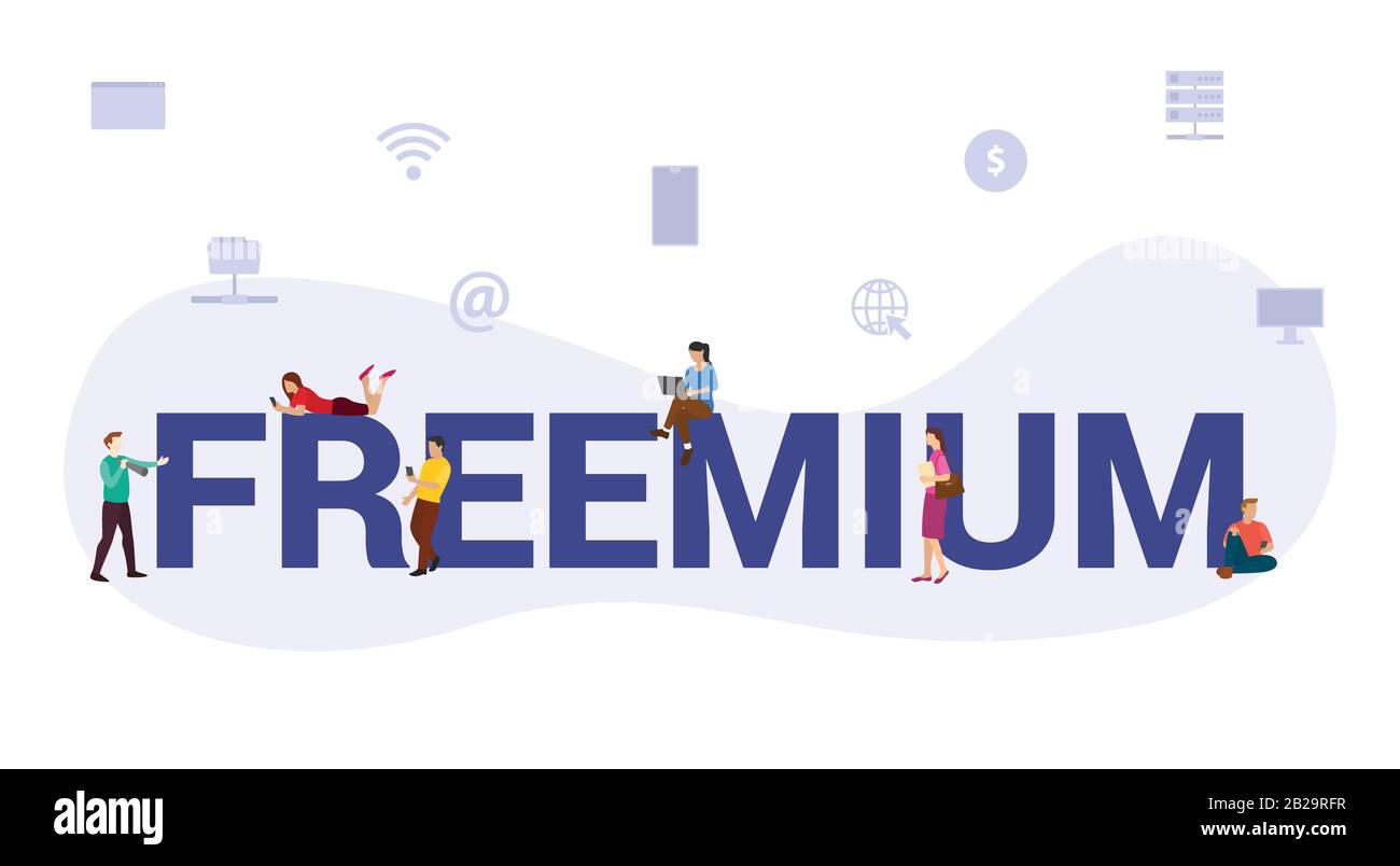 freemium software freeware business concept con grande parola o testo e team persone con moderno stile piatto - vettore Foto Stock