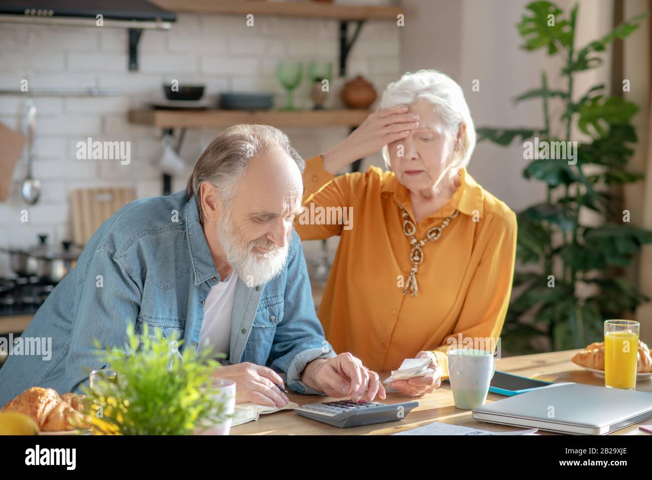 Coppie sposate anziane che fanno calcoli insieme e che guardano disturbati Foto Stock