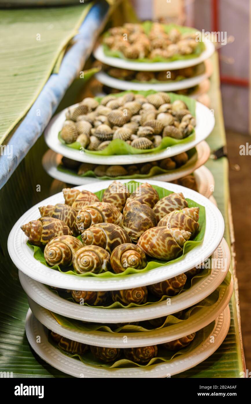 Piatti di lumache di mare e vongole in una stalla di cibo di strada, Bangkok, Thailandia Foto Stock
