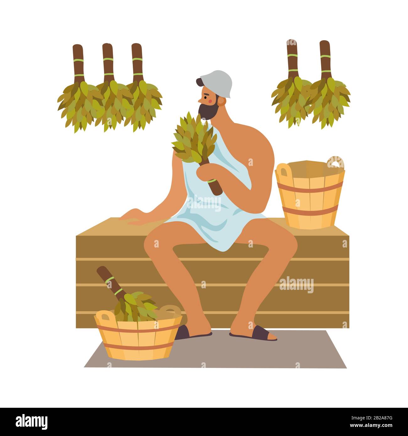 Il poster del bagno e della sauna con un uomo tiene la scopa nella sua mano. Illustrazione del vettore cute isolato Illustrazione Vettoriale
