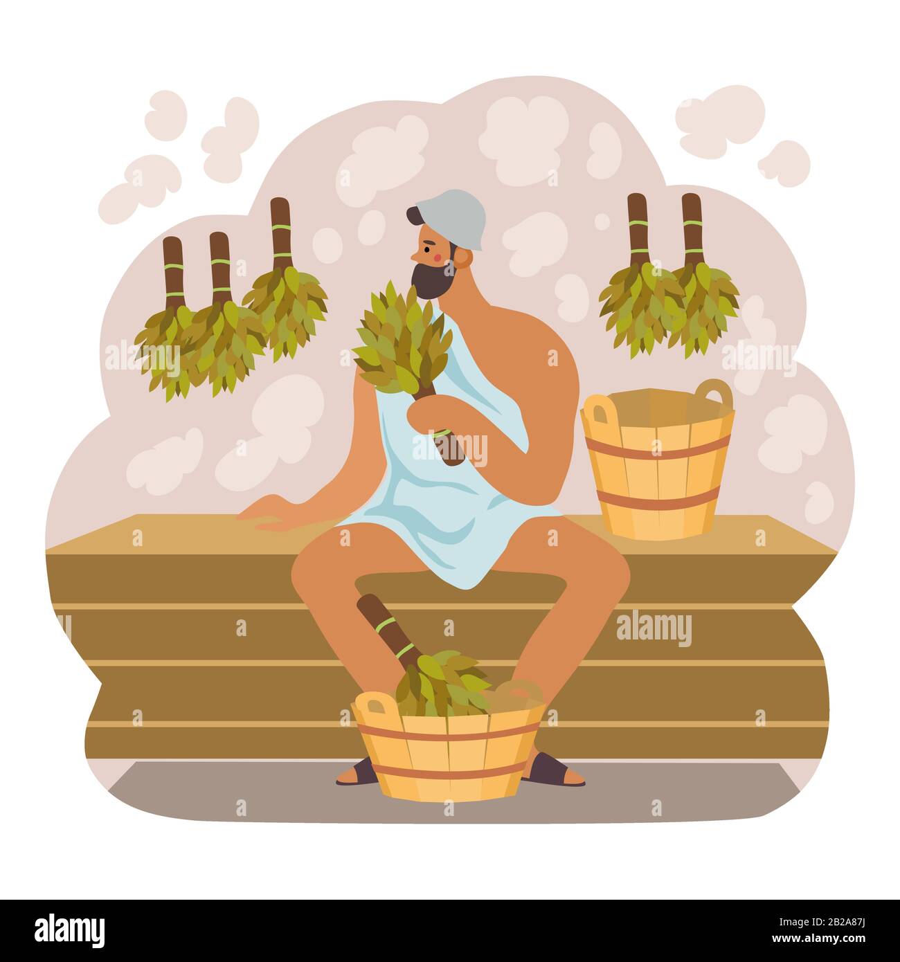 Il poster del bagno e della sauna con un uomo tiene la scopa nella sua mano. Illustrazione vettoriale isolata stile piatto Illustrazione Vettoriale