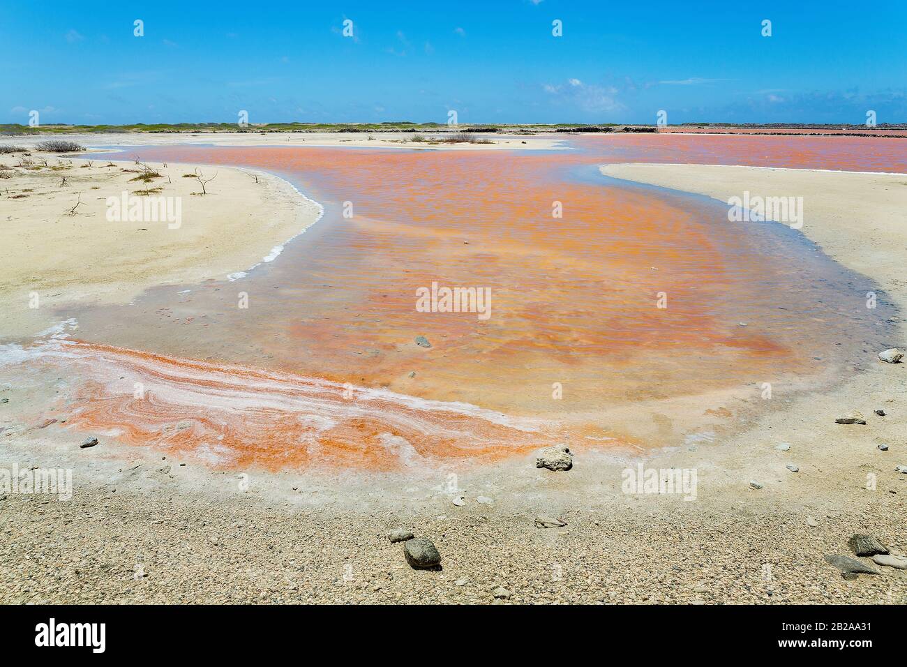 Paesaggio con lago di sale arancione e terra sulle Antille olandesi Foto Stock