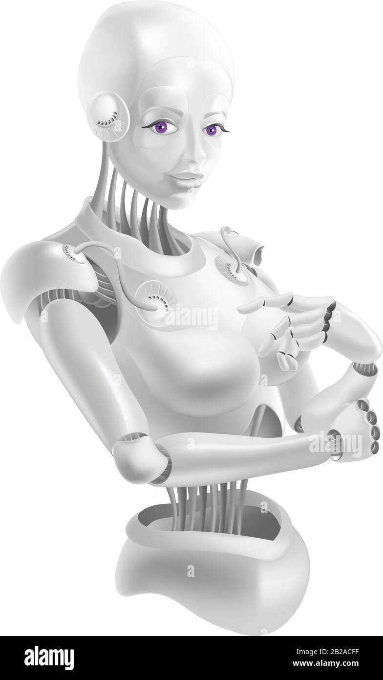 Bella robot donna si trova in una posa elegante. Isolato su sfondo bianco. Illustrazione Vettoriale