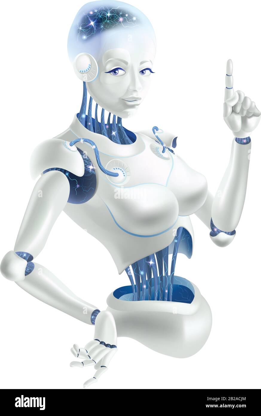 Una donna robot che tiene un dito indice in su. I neuroni sono sui fili del robot. Illustrazione Vettoriale