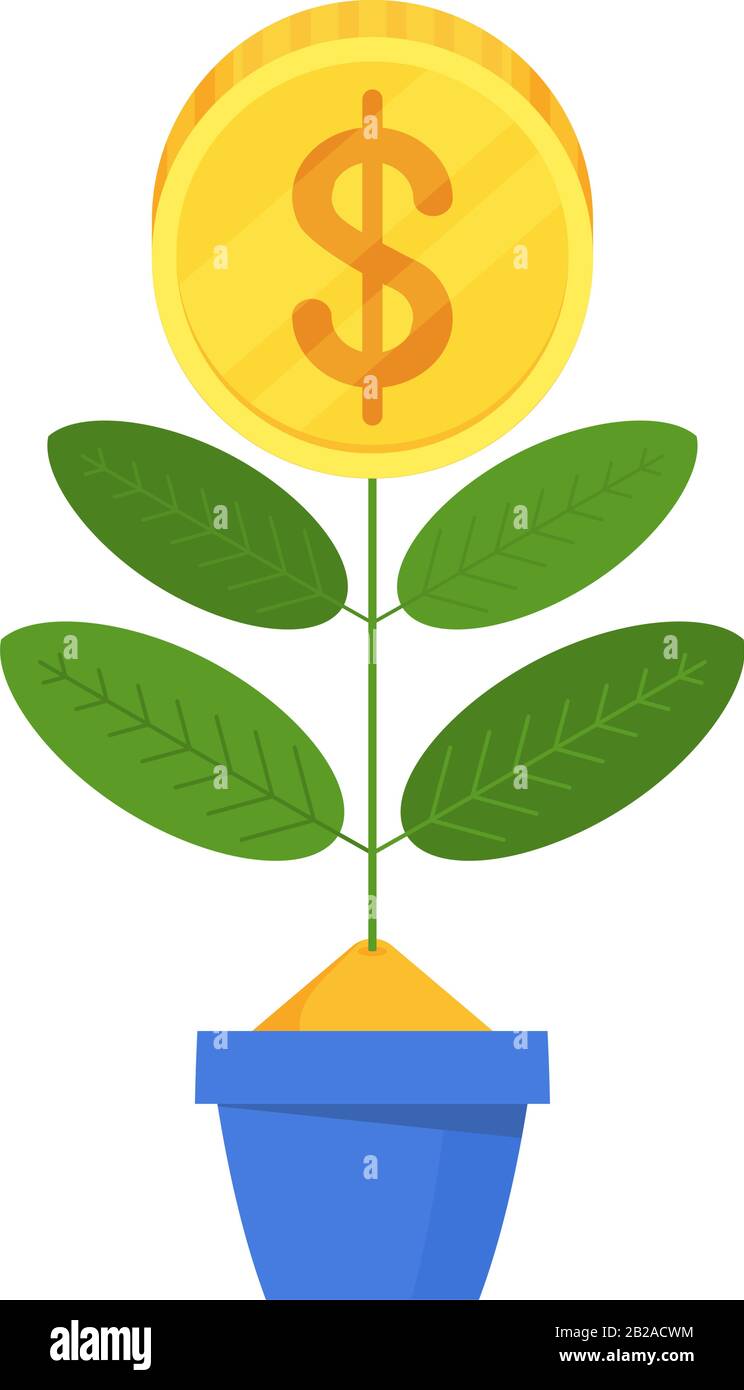 Concetto di business per la crescita finanziaria. I dollari crescono in un vaso di fiori. Illustrazione Vettoriale