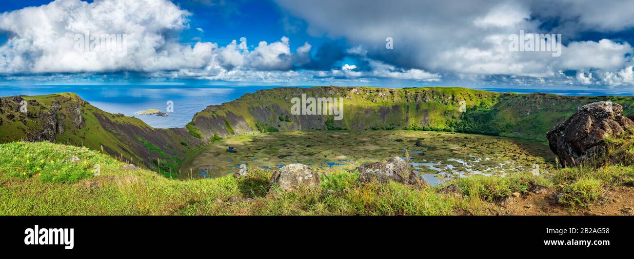 Rano Kau cratere vulcano ultra ampio panorama Foto Stock