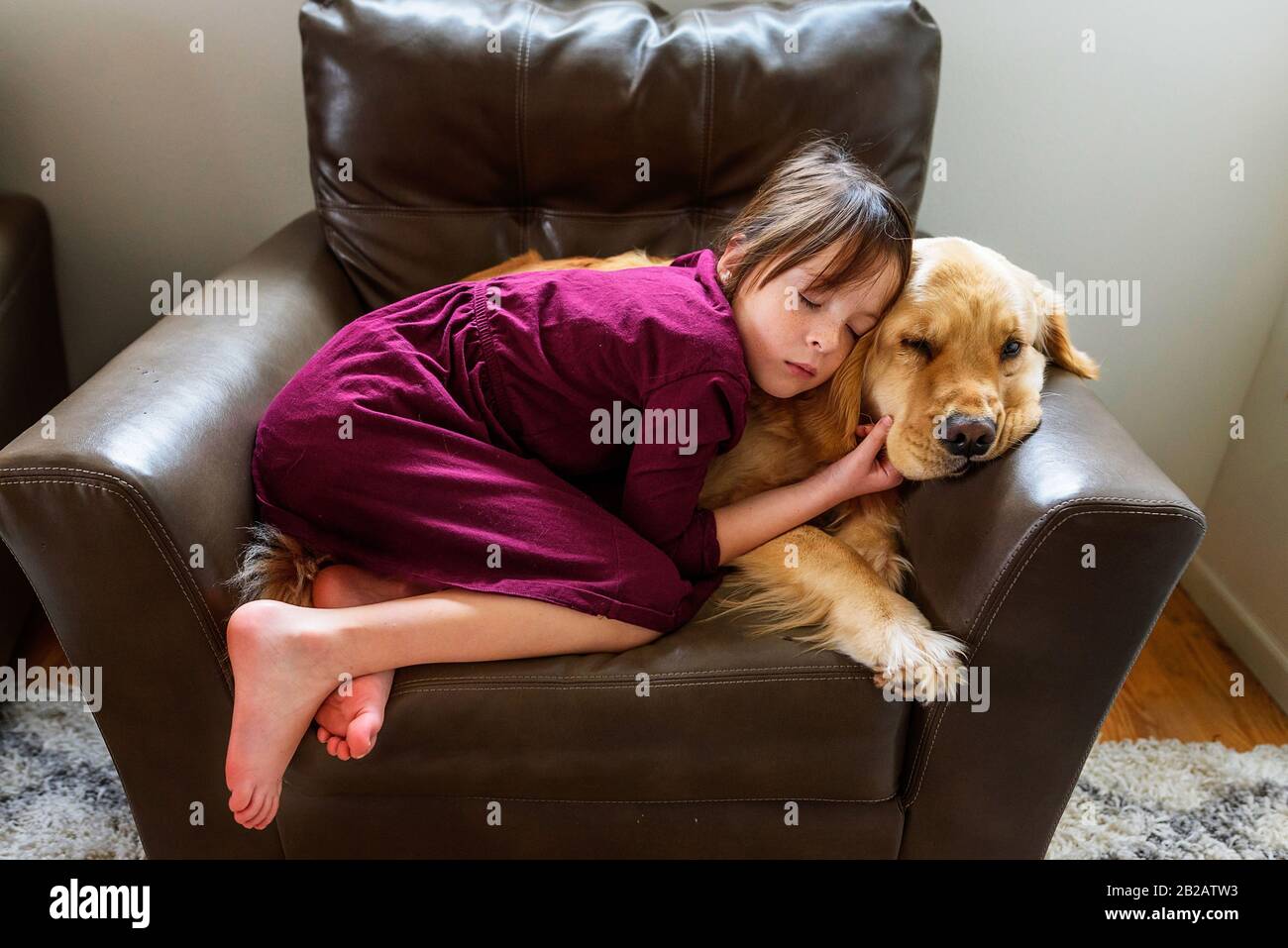 La ragazza si arriccia in una poltrona con un cane Golden Retriever Foto Stock