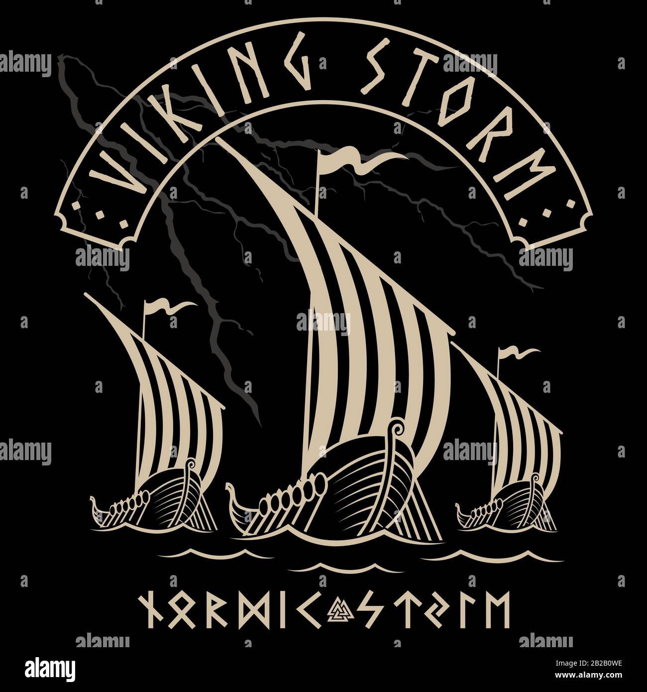 Nave da guerra dei Vichinghi. Drakkar, Viking design, antica nave scandinava e rune norse Illustrazione Vettoriale