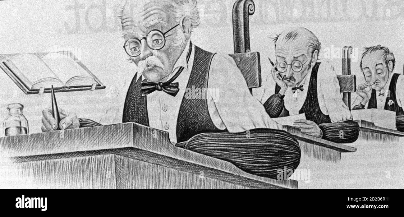 Una caricatura circa il lavoro dell'ufficio nel 19th secolo con le protezioni della manica che erano comuni per gli operai dell'ufficio a quel tempo. Inkwell e l'alta scrivania erano tipici anche per gli interni dell'ufficio in quel momento. Foto Stock