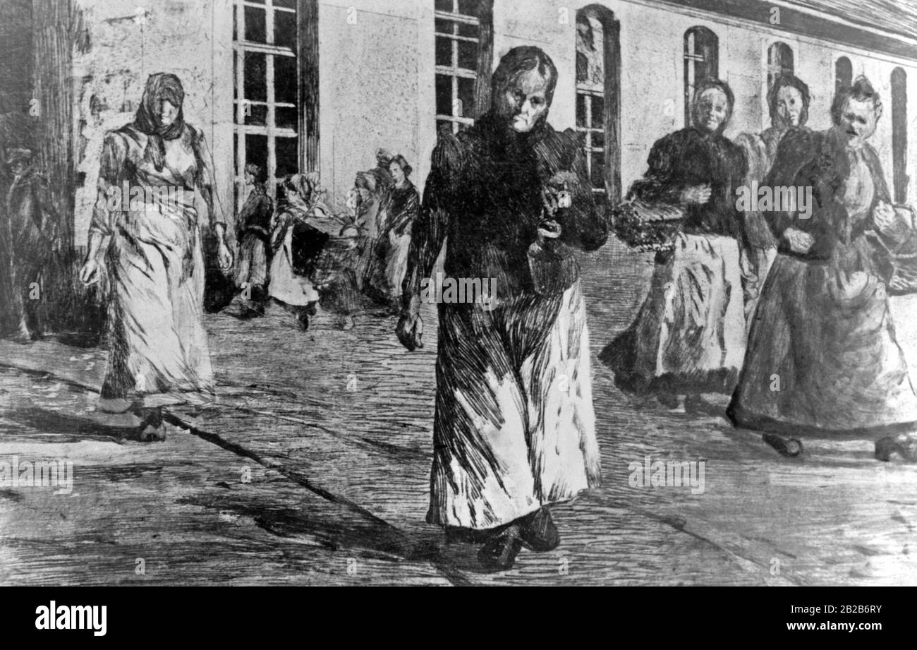 Incisione contemporanea delle donne dopo aver terminato il lavoro in fabbrica. Foto Stock